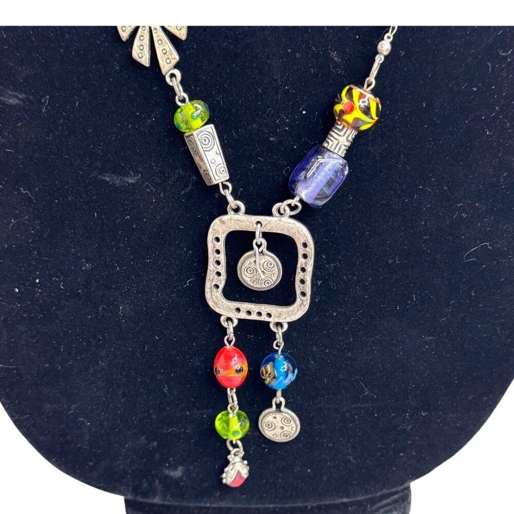 Chicos Silver Tone Beaded Necklace Glass Multicolor Beads & Charms 36" Boho
